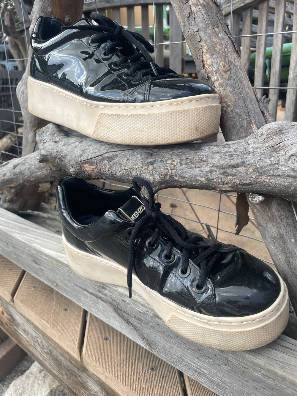 Kenzo Black Patent Platform Lace-Up Sneakers with Cream Sole